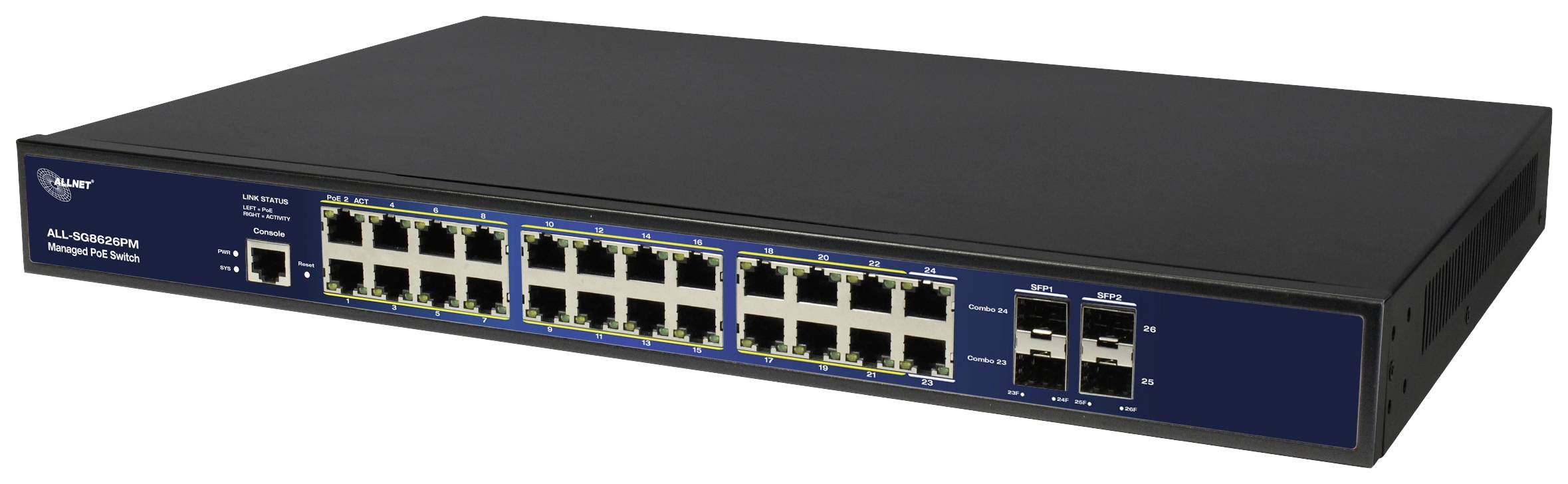 A network switch with 24 Ethernet ports and 4 fibre optic ports for data distribution in a network.
