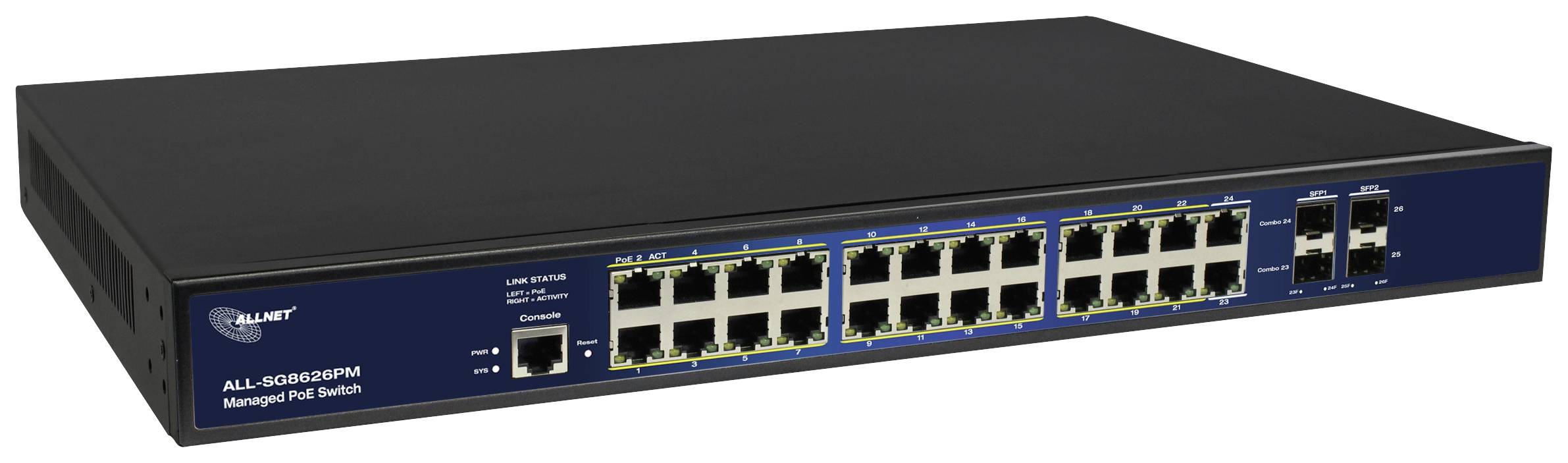A network switch with multiple Ethernet ports, suitable for use in IT infrastructures to connect devices within a network.
