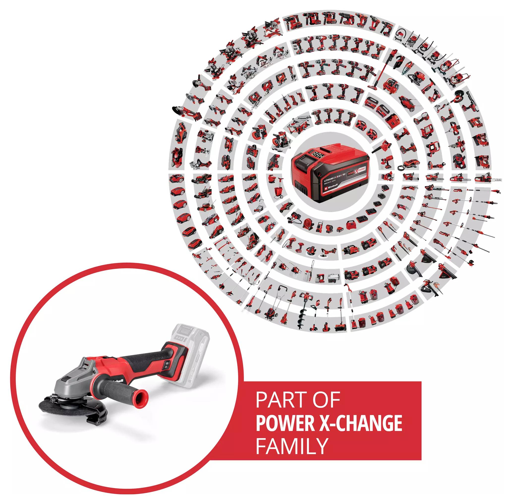 Cordless sander and Power X-Change battery in front of a spiral display of various tools with the text 'Part of Power X-Change Family'.
