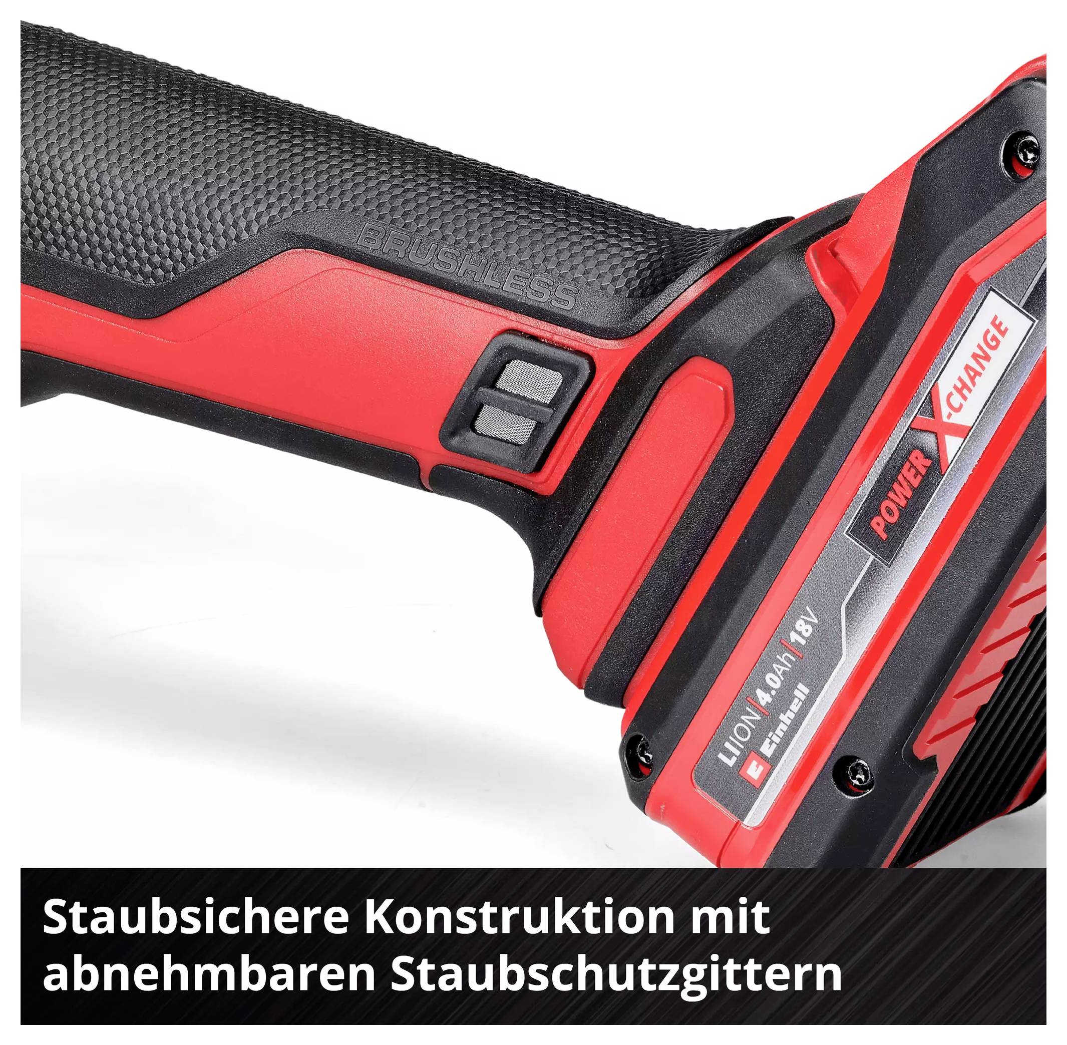 Cordless drill with removable dust protection grilles, red and black design, LITHIUM 4.0 Ah battery, POWER X-CHANGE system.