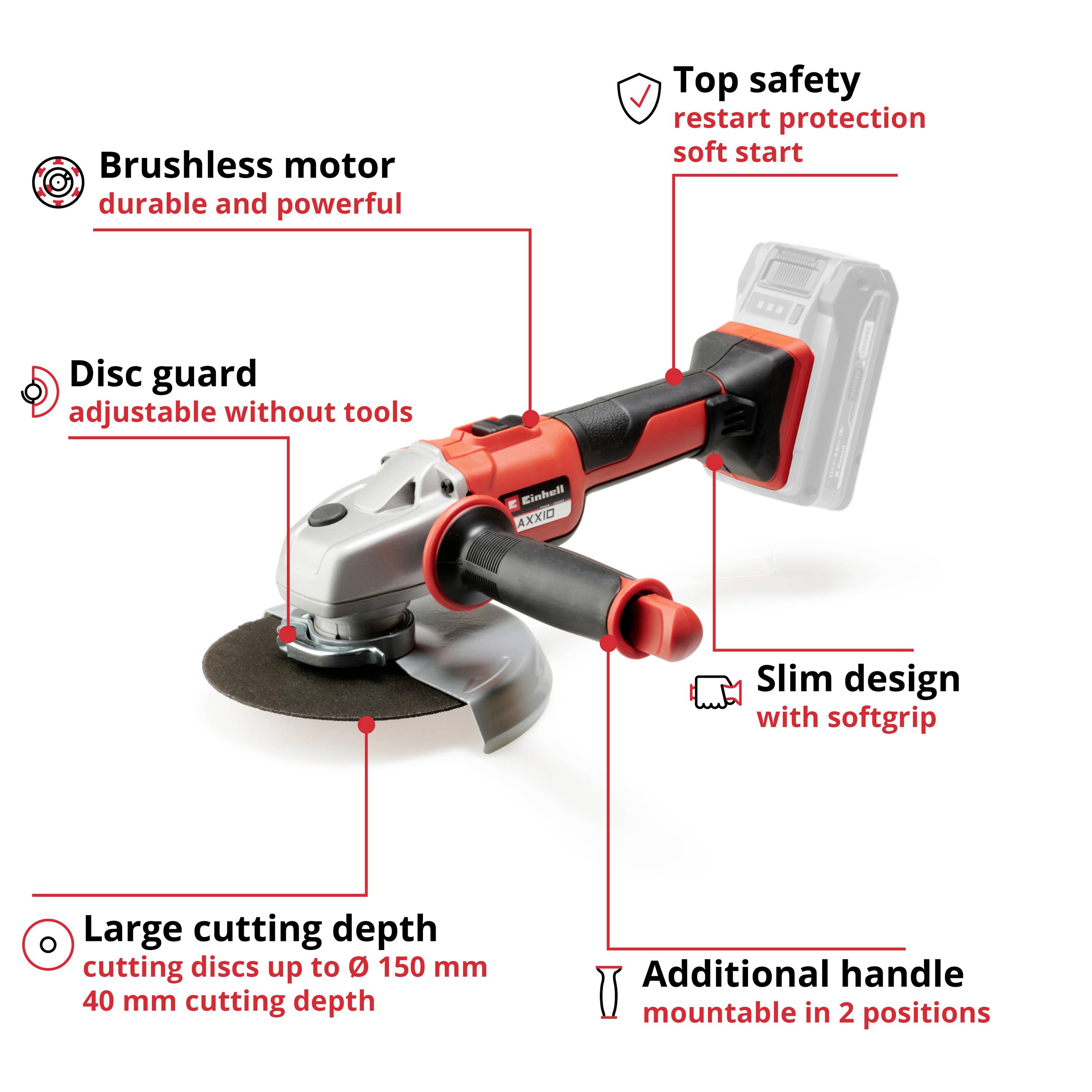 Cordless angle grinder with brushless motor, adjustable guard, large cutting depth, high safety, and slim design.