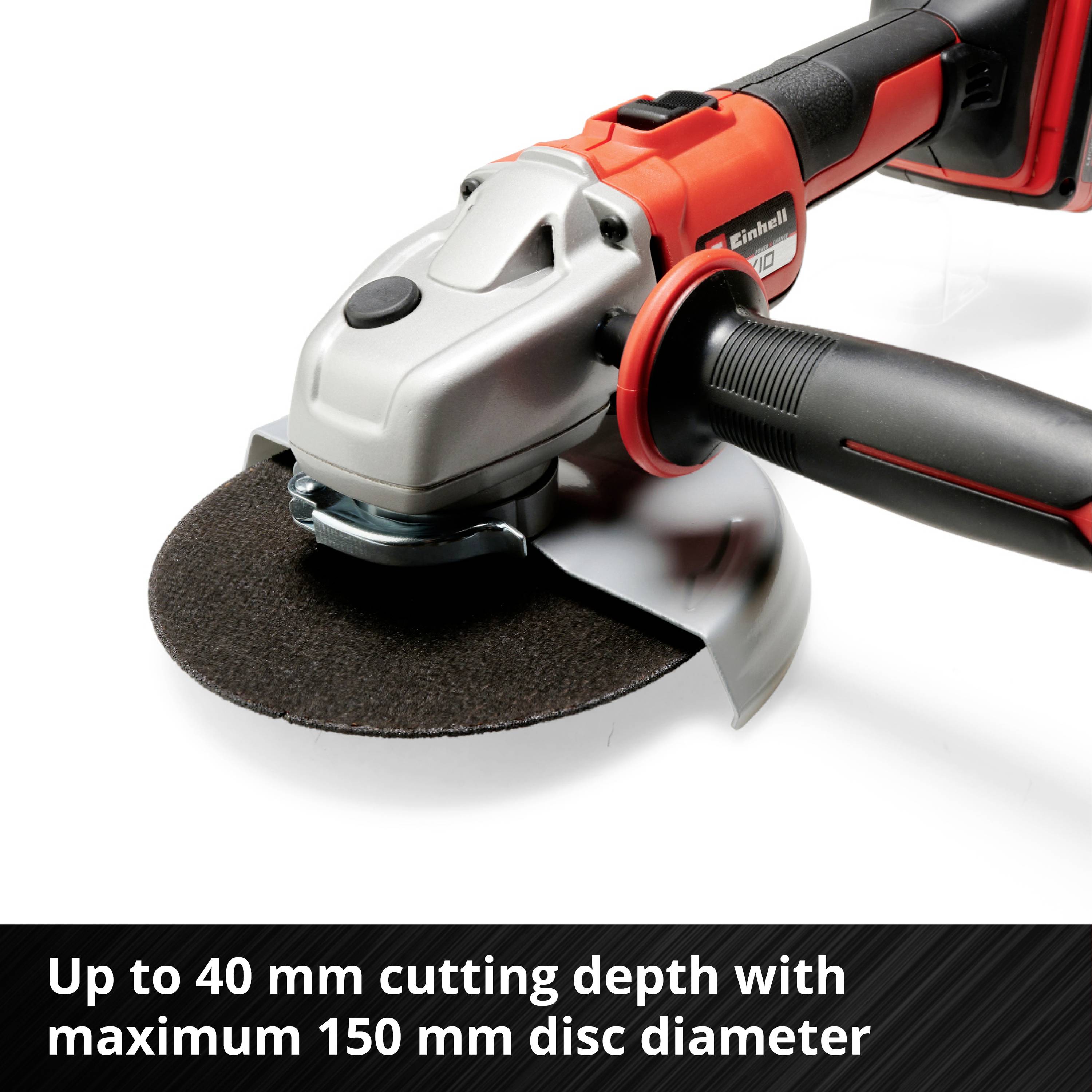 An angle grinder with a red handle, suitable for cutting depths up to 40 mm. Text below provides information on maximum 150 mm disc diameter.