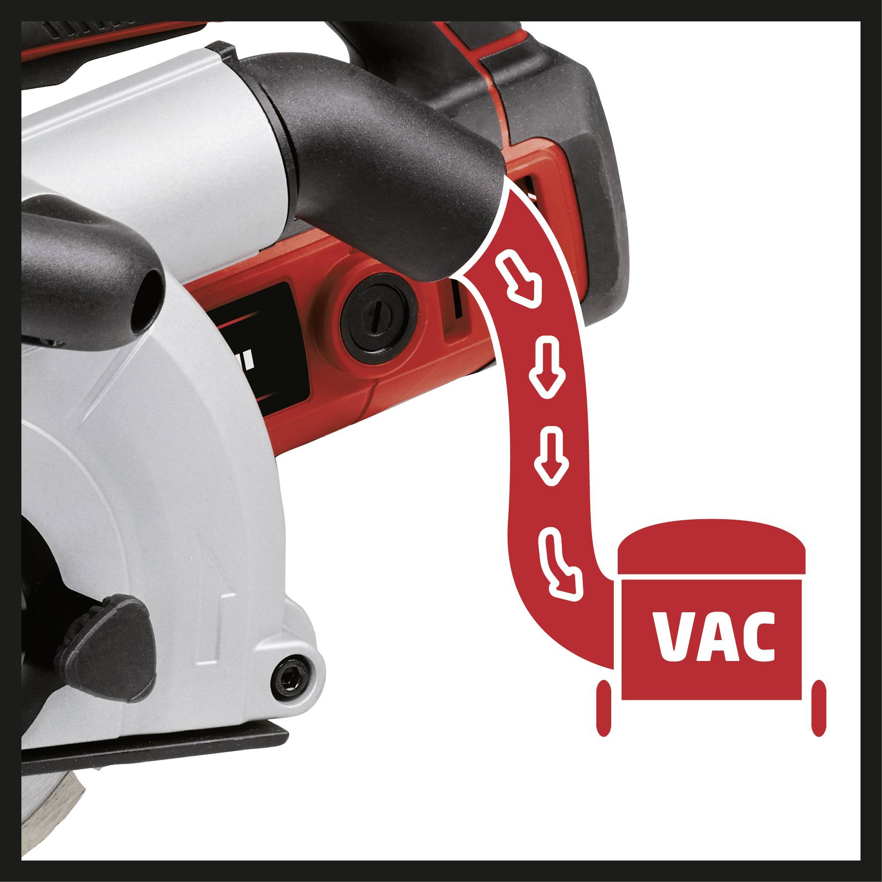 Electric saw with vacuum cleaner attachment. A red symbol shows a vacuum cleaner ('VAC') and arrows representing the airflow.