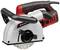 Einhell hand circular saw with a red and black handle, silver saw body and circular saw blade, designed for cutting wood.