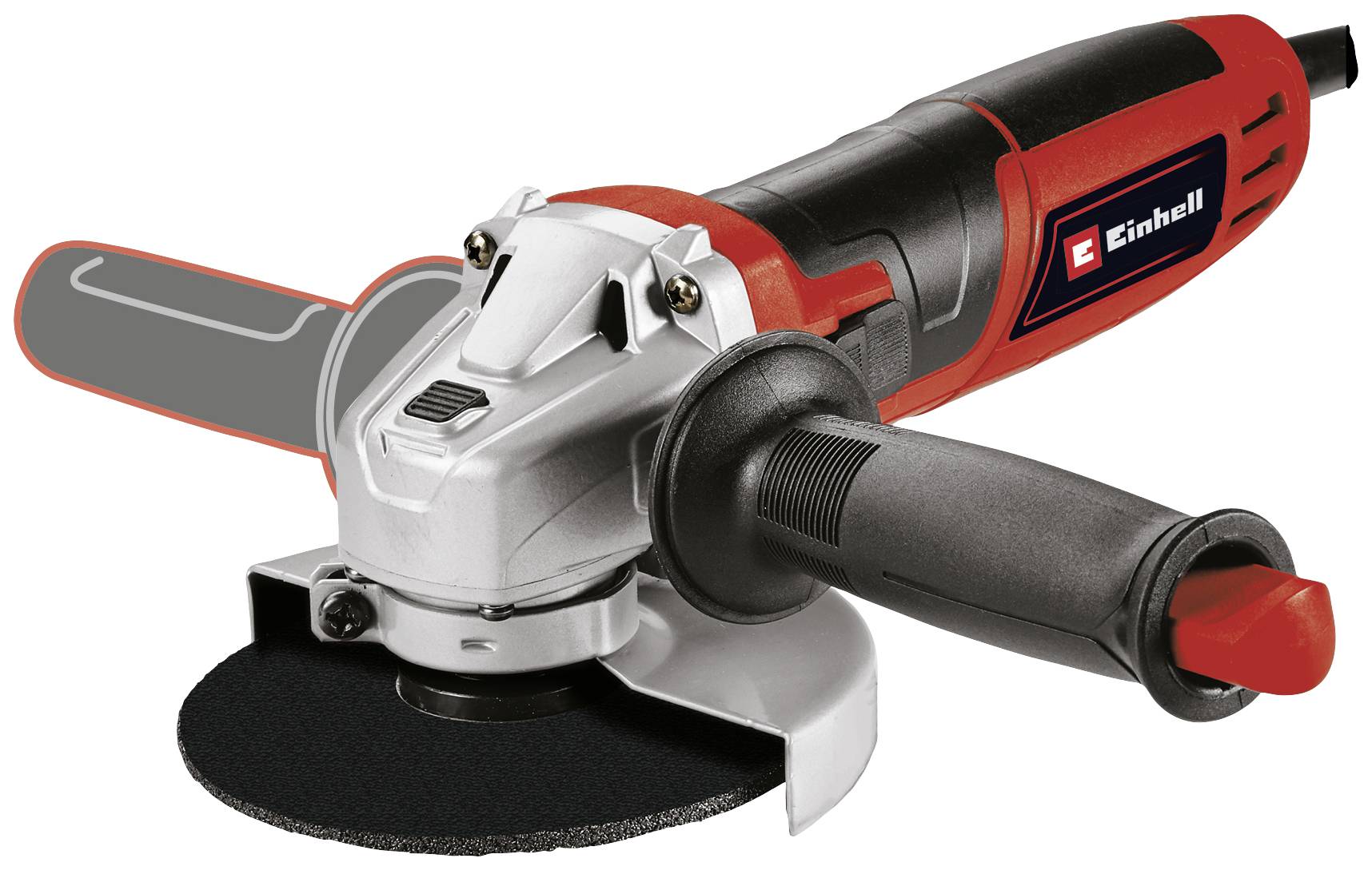 A red and black Einhell angle grinder with a black handle, suitable for grinding metal and stone.