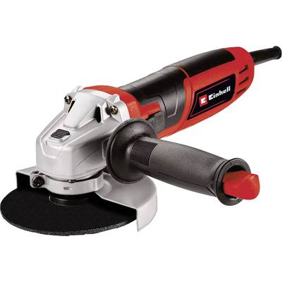 A red and black angle grinder with a side handle and power switch, designed for cutting and grinding materials.