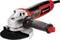 A red and black angle grinder with a side handle and power switch, designed for cutting and grinding materials.