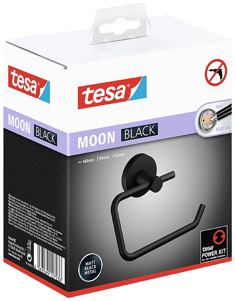 Packaging for Tesa Moon Black Toilet Roll Holder, matte black design. Includes easy-on mounting kit, removable without leaving residue.