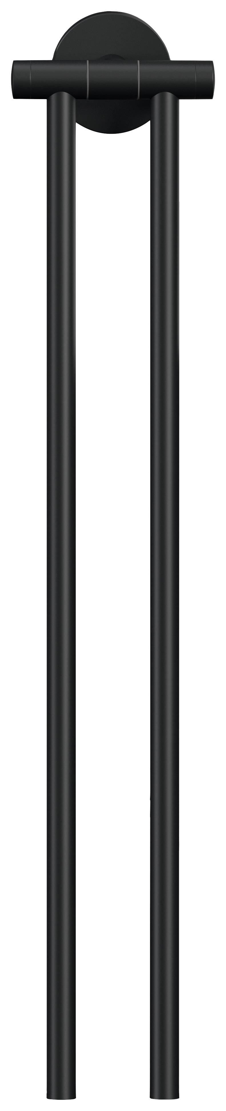 Black door handle in a long, straight form, consisting of two parallel bars, mounted on a circular base.
