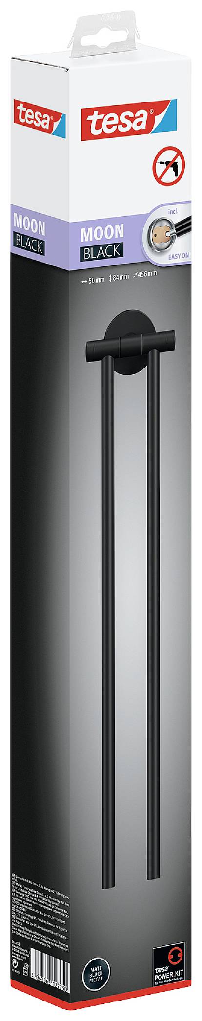 'Packaging of a black towel rail by Tesa; shows the product and the brand logo on a grey background.'