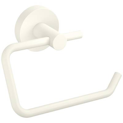 White metal toilet roll holder, wall-mounted, without toilet roll.