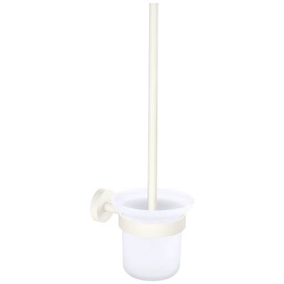 Beige toilet brush in its holder, mounted on the wall.