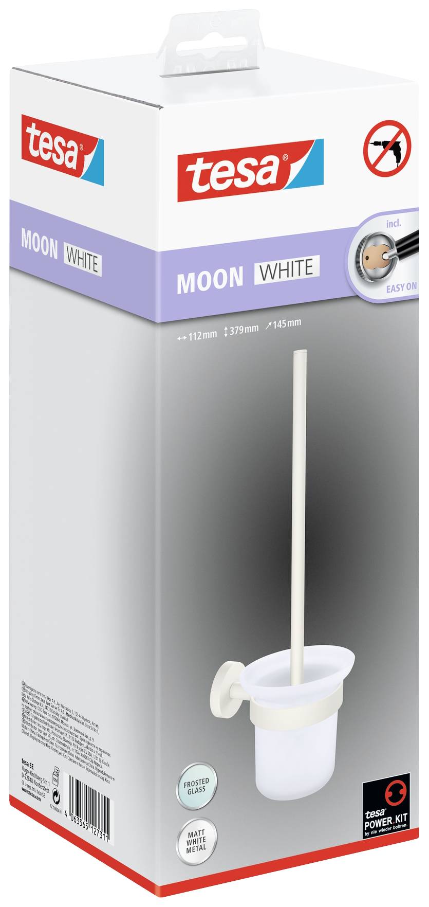 Packaging for a toilet brush set by Tesa, model 'Moon White', including holder and adhesive system, suitable for easy installation.
