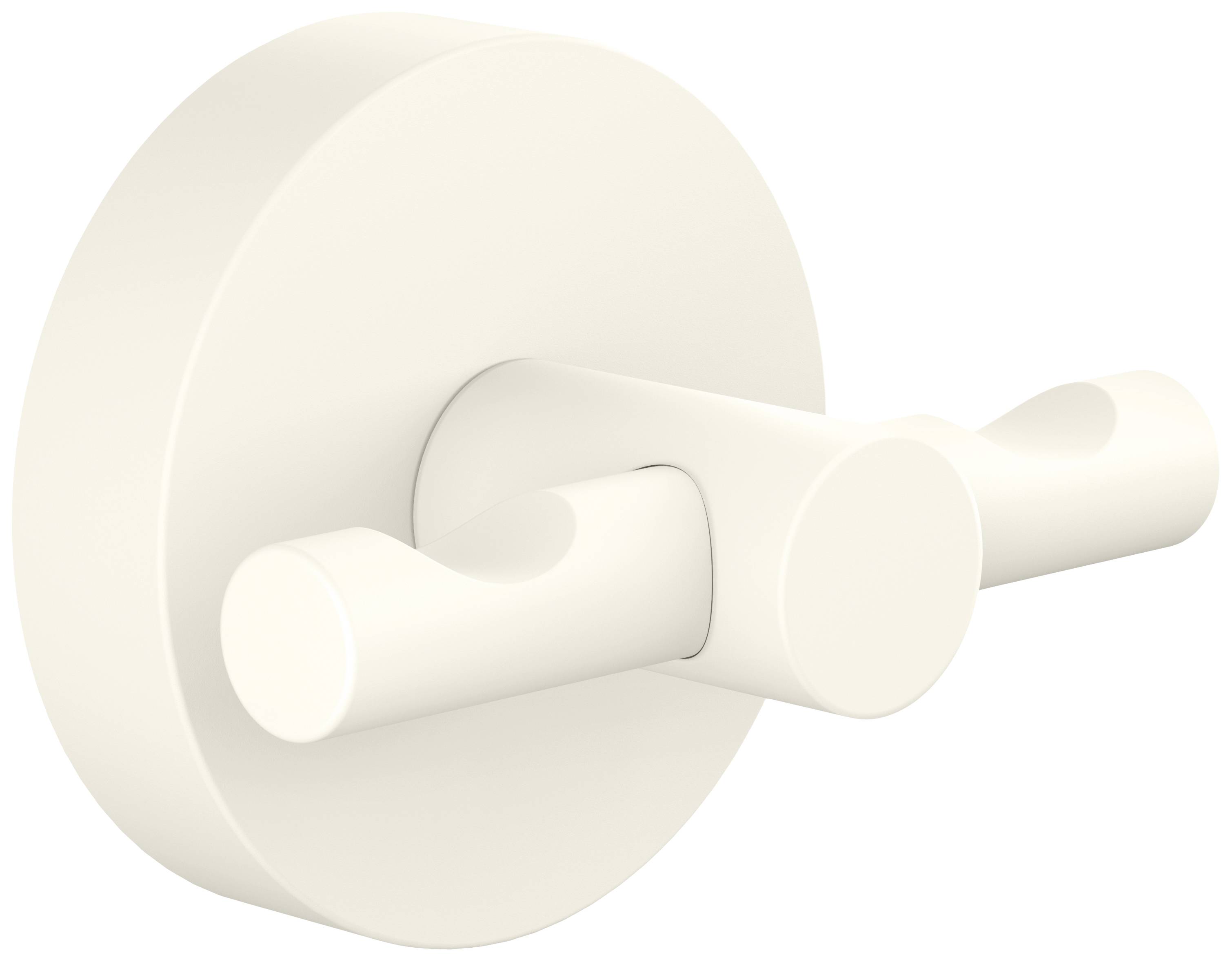 A white double hook for wall mounting with a round base and two side-projecting hooks. Ideal for hanging towels.