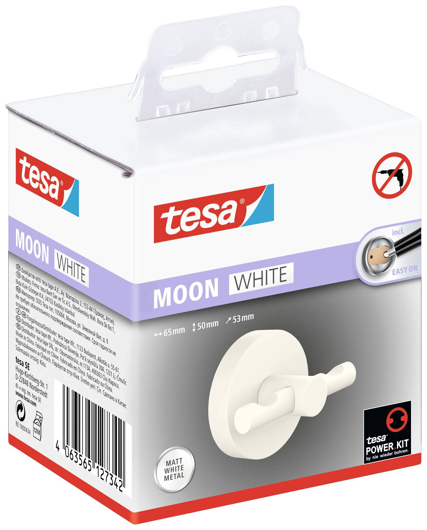 Packaging for a tesa MOON WHITE wall hook, matt white, approx. 65x50mm, with 'tesa Power.Kit' for easy installation.