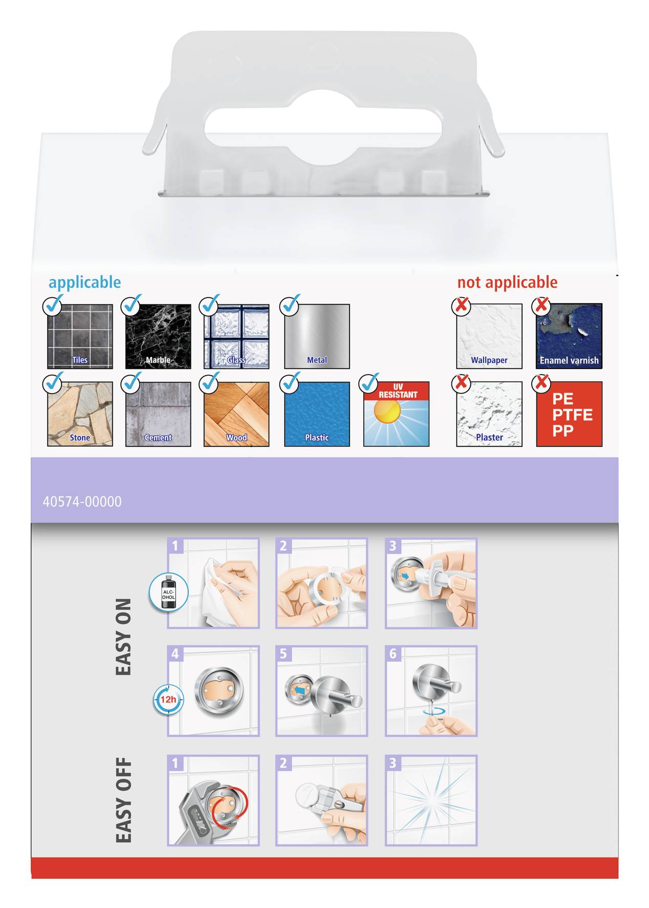 'Illustration of adhesive tape application: suitable for tiles, metal, wood, plastic. Not suitable for wallpaper, plaster. Easy to apply and remove.'