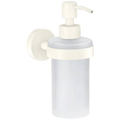 Wall-mounted soap dispenser with a white, slim design and transparent bottle.