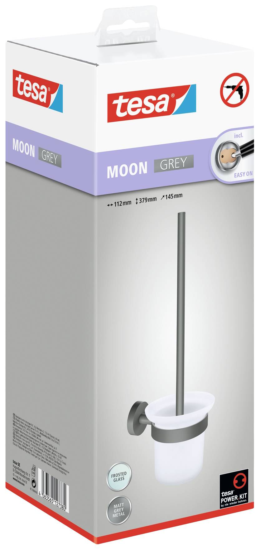 Packaging for a grey toilet brush holder by Tesa. Includes wall mounting set. Product name: 'Moon Grey', mountable without drilling.