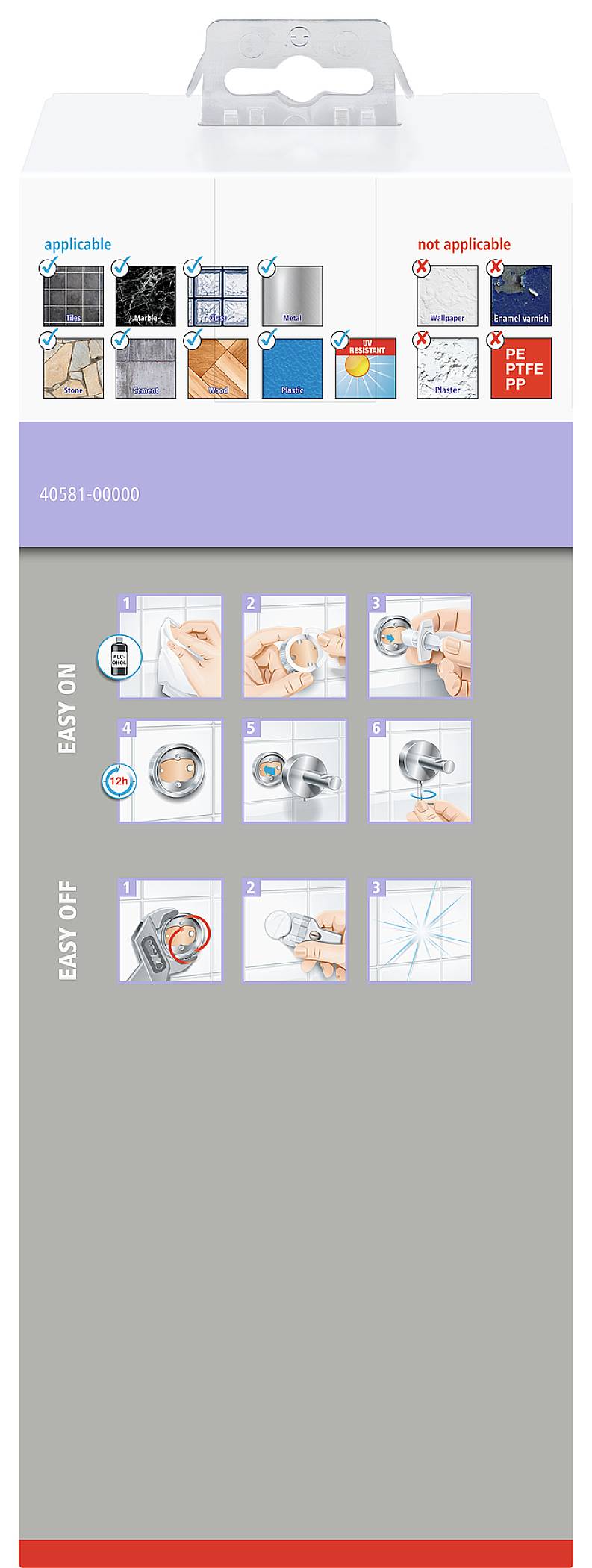Packaging of a product demonstrating the installation of a hook mechanism without drilling, with images and step-by-step instructions.