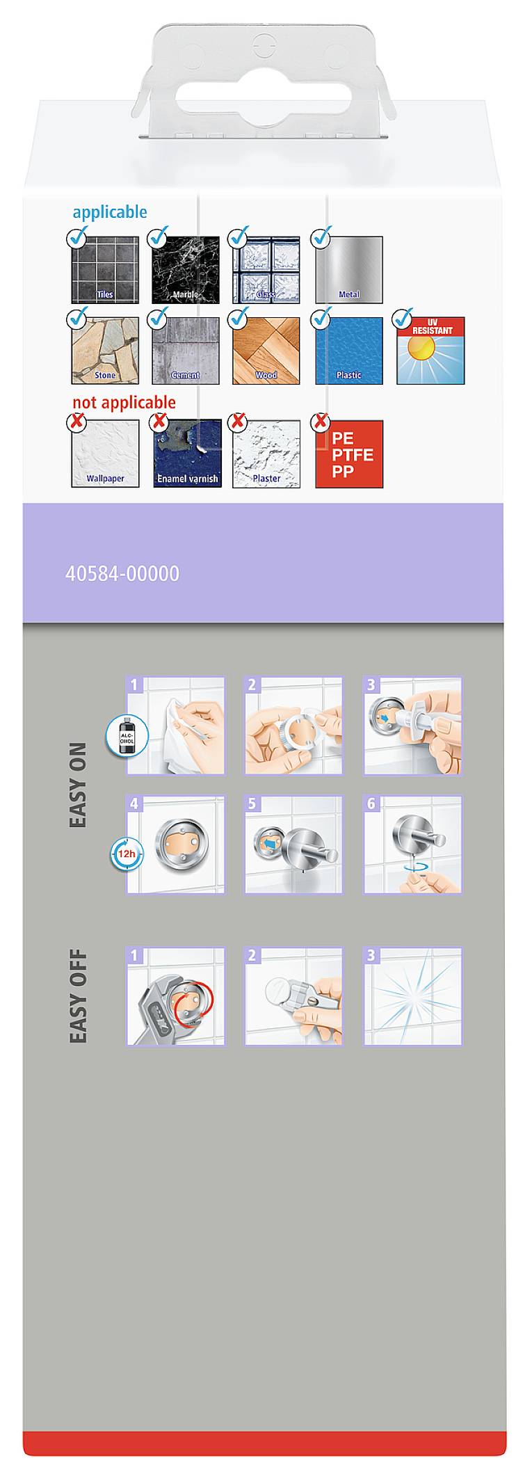 Packaging shows application instructions: 'easy on' for application and 'easy off' for removal. Suitable for various surfaces.