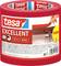 A roll of red Tesa masking tape labeled 'Excellent' and 'Promo', showing application on a wall. Text includes dimensions: 3x 50m x 30mm.