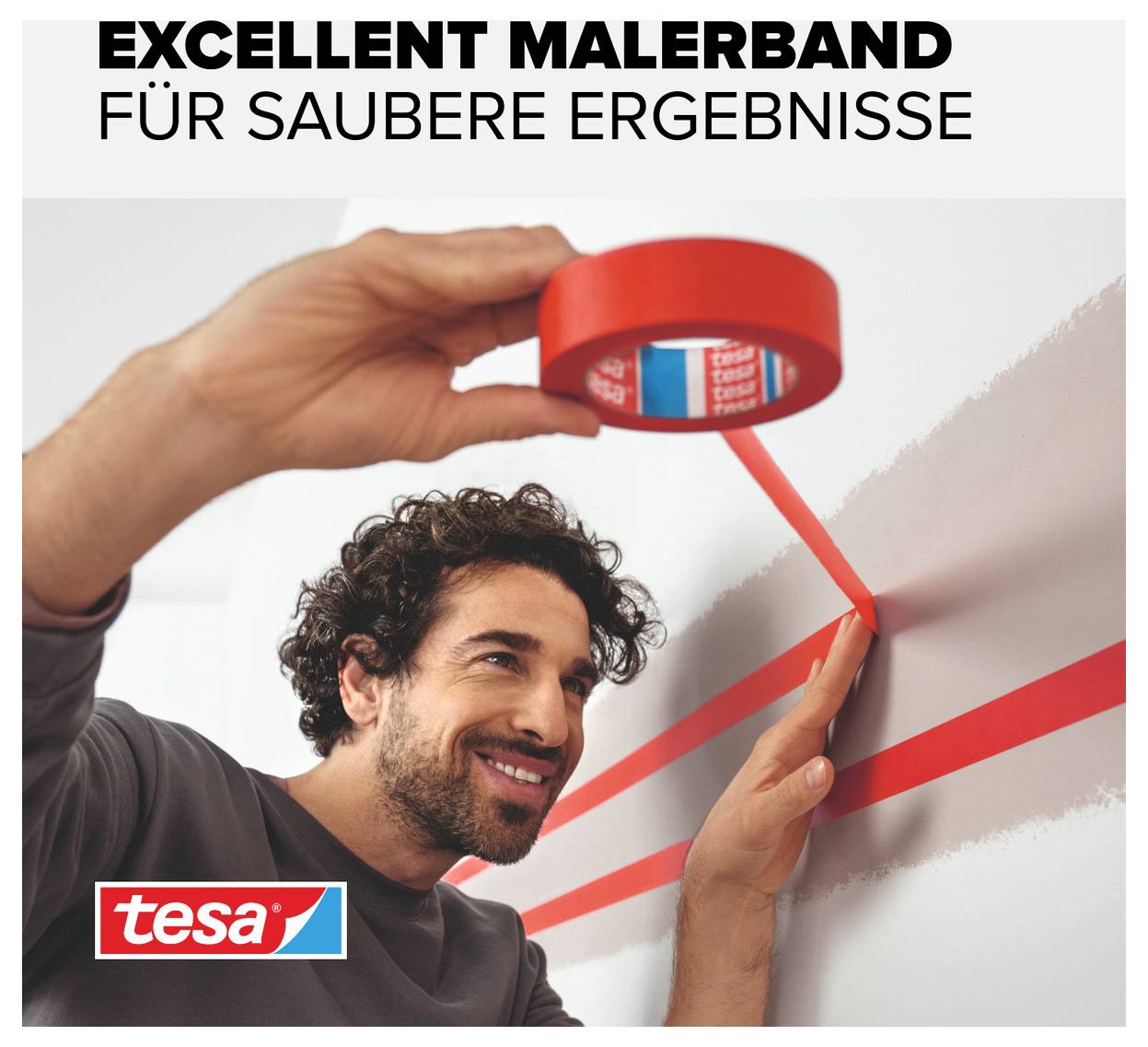 Man sticks red painter's masking tape on a wall; above text: 'Excellent Masking Tape for Clean Results'; tesa logo at the bottom.