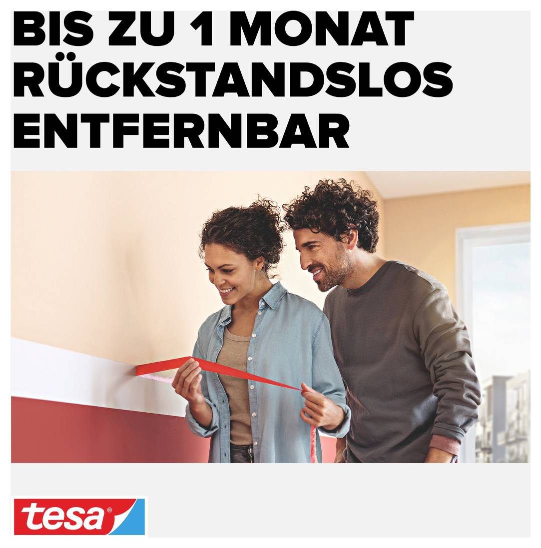 Couple removes red adhesive strips from wall; text at top: 'Removable without residue for up to 1 month'; brand at bottom: 'tesa'.