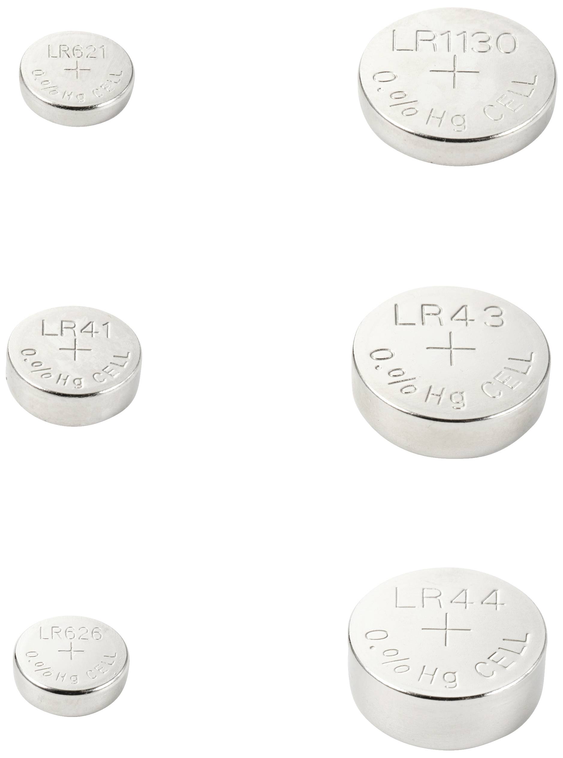 'Five silver button cells of various sizes, labelled LR621, LR41, LR1130, LR626 and LR44. Markings: 0% Hg, CELL.'