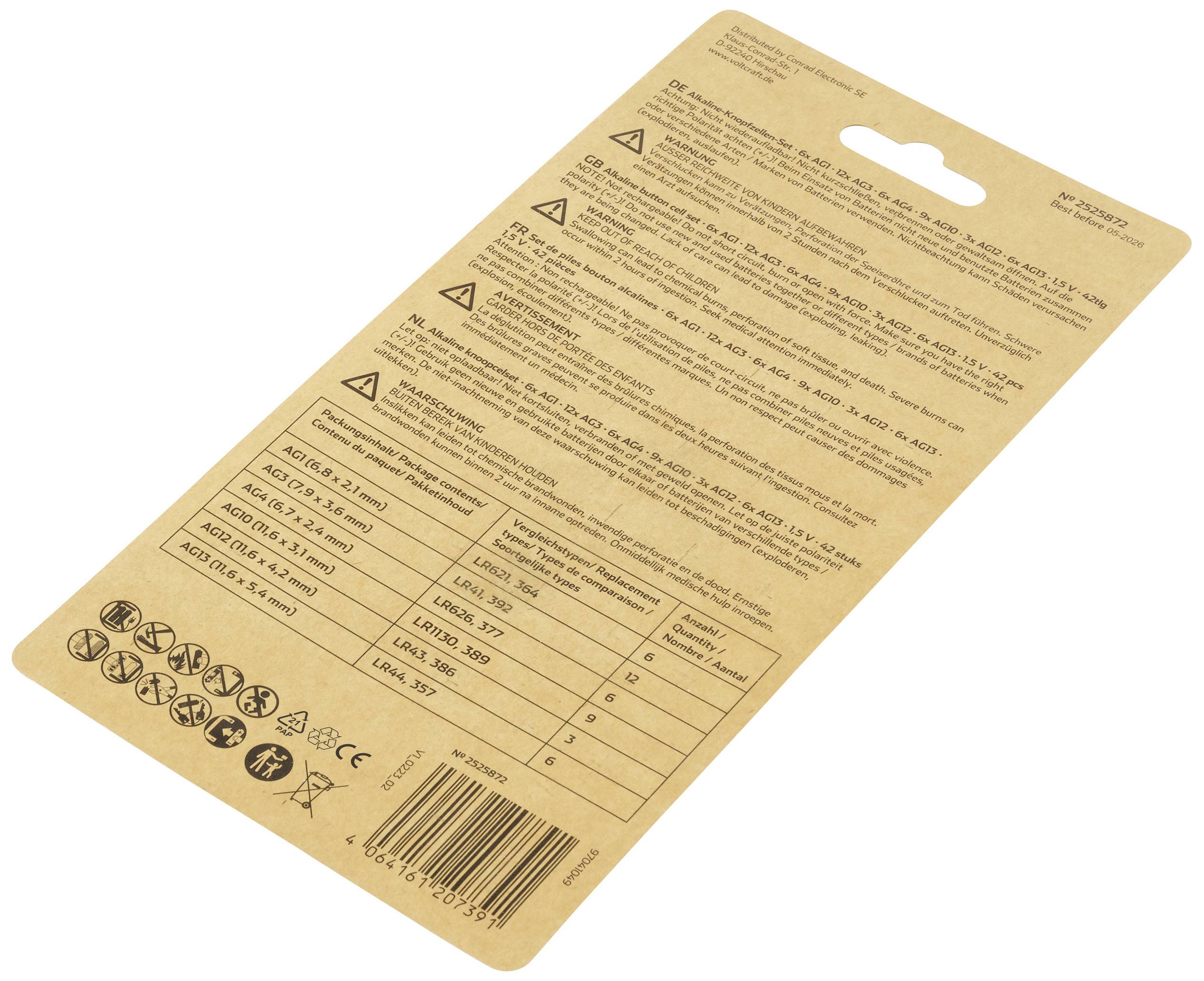 Brown packaging with safety instructions and technical specifications in multiple languages. Symbols and a barcode are located at the bottom.