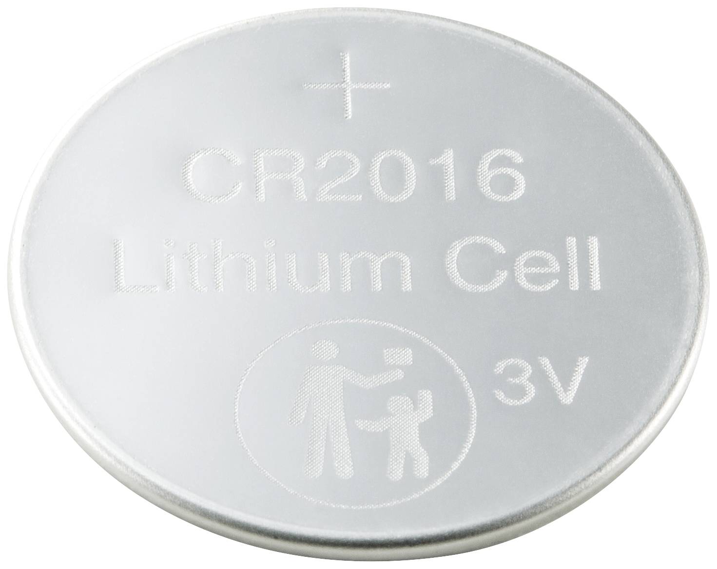 Silver button cell with inscription 'CR2016 Lithium Cell 3V'. Symbol warns against risk of swallowing for children.