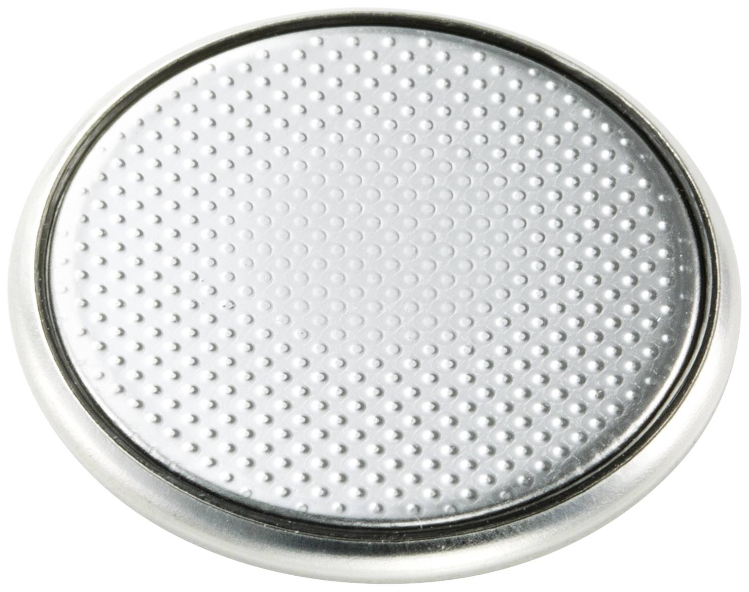 Silver button cell battery with a dotted pattern on the top surface, typical for use in small electronic devices.