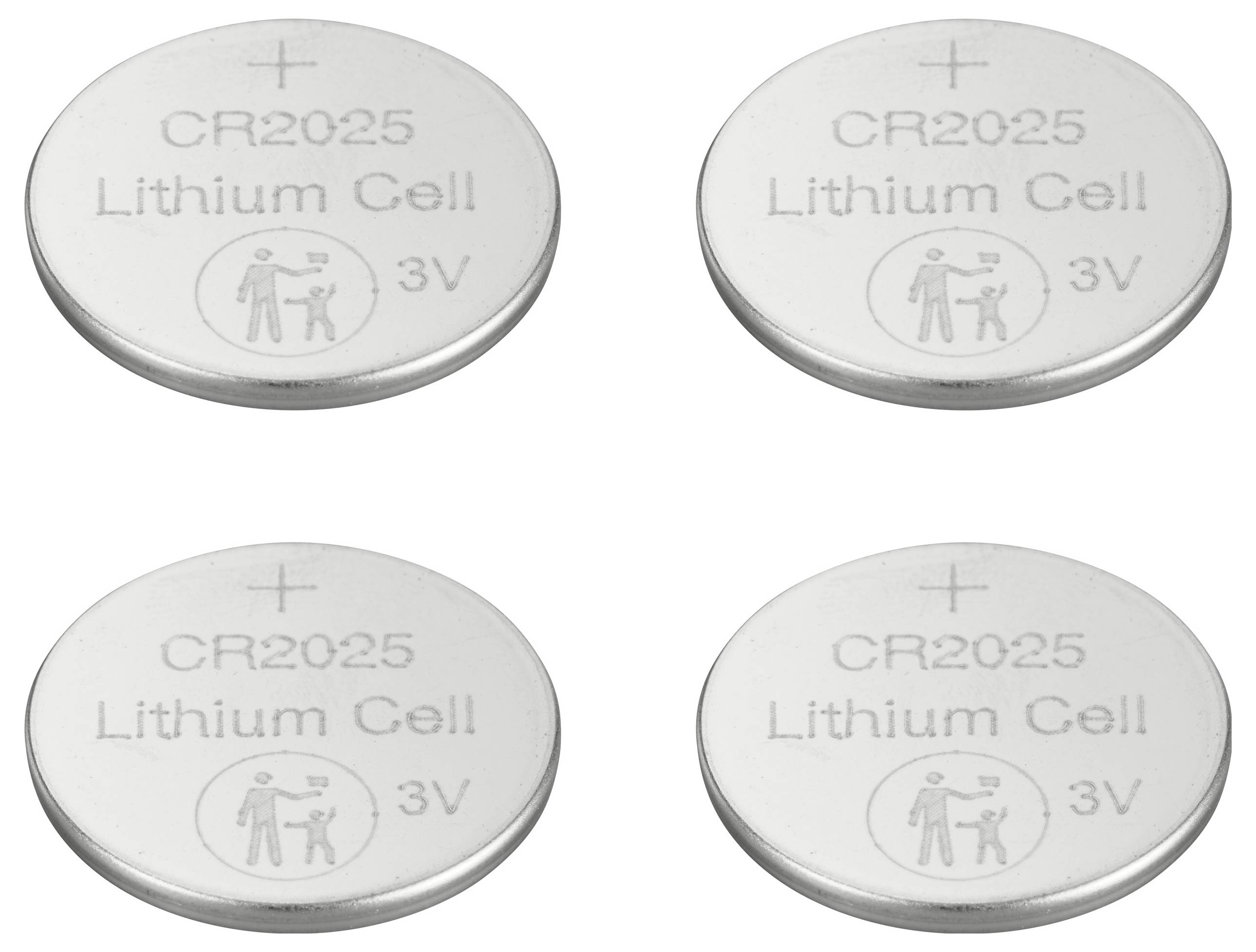 Four CR2025 lithium button cell batteries, each labeled '3V,' with recycling symbol.