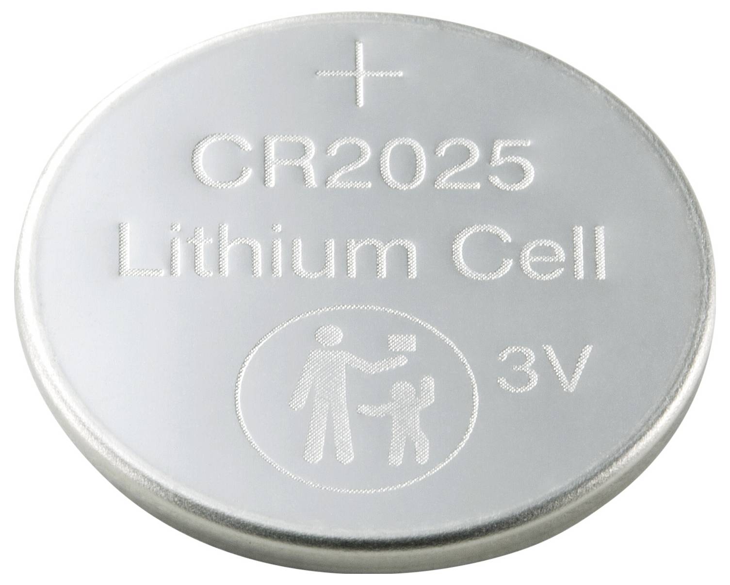 A silver CR2025 lithium cell battery with a capacity of 3 volts, featuring a safety warning icon indicating it's harmful if swallowed.