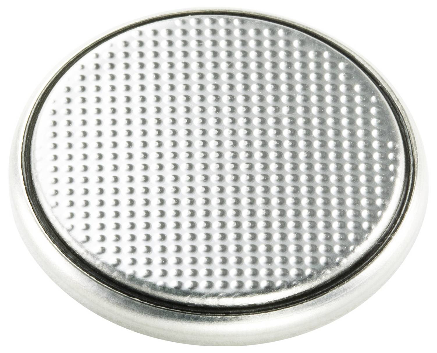 A metallic, circular, textured button cell battery, commonly used in small electronics and hearing aids.