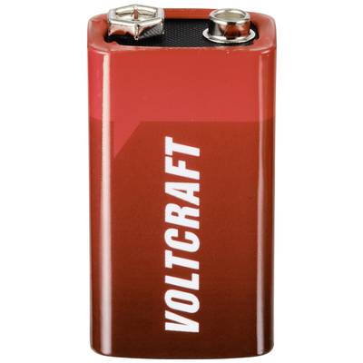 Rote 9V Volt battery with black and silver terminals on top.
