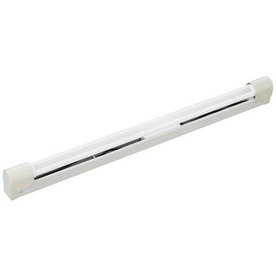 Long, white fluorescent tube with white end caps, horizontally positioned. It is frequently used for bright room lighting.