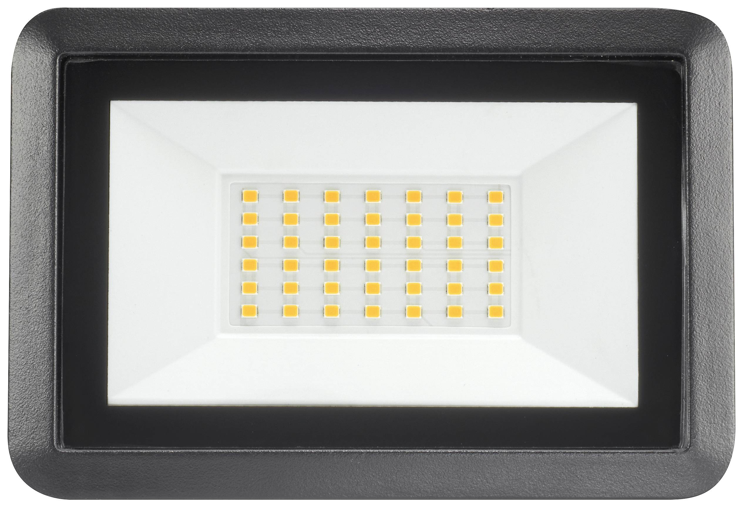 Flat LED floodlight, rectangular, with black frame and yellow LED grid in the centre. Energy-efficient lighting element.