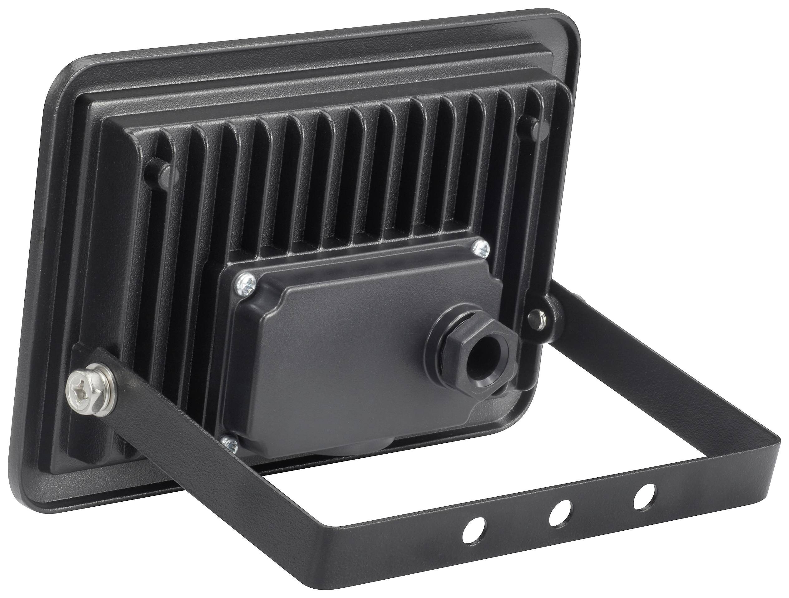 Rear view of a black, rectangular LED floodlight with heat sinks and mounting bracket. Suitable for outdoor areas.