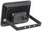 Rear view of a black, rectangular LED floodlight with heat sinks and mounting bracket. Suitable for outdoor areas.