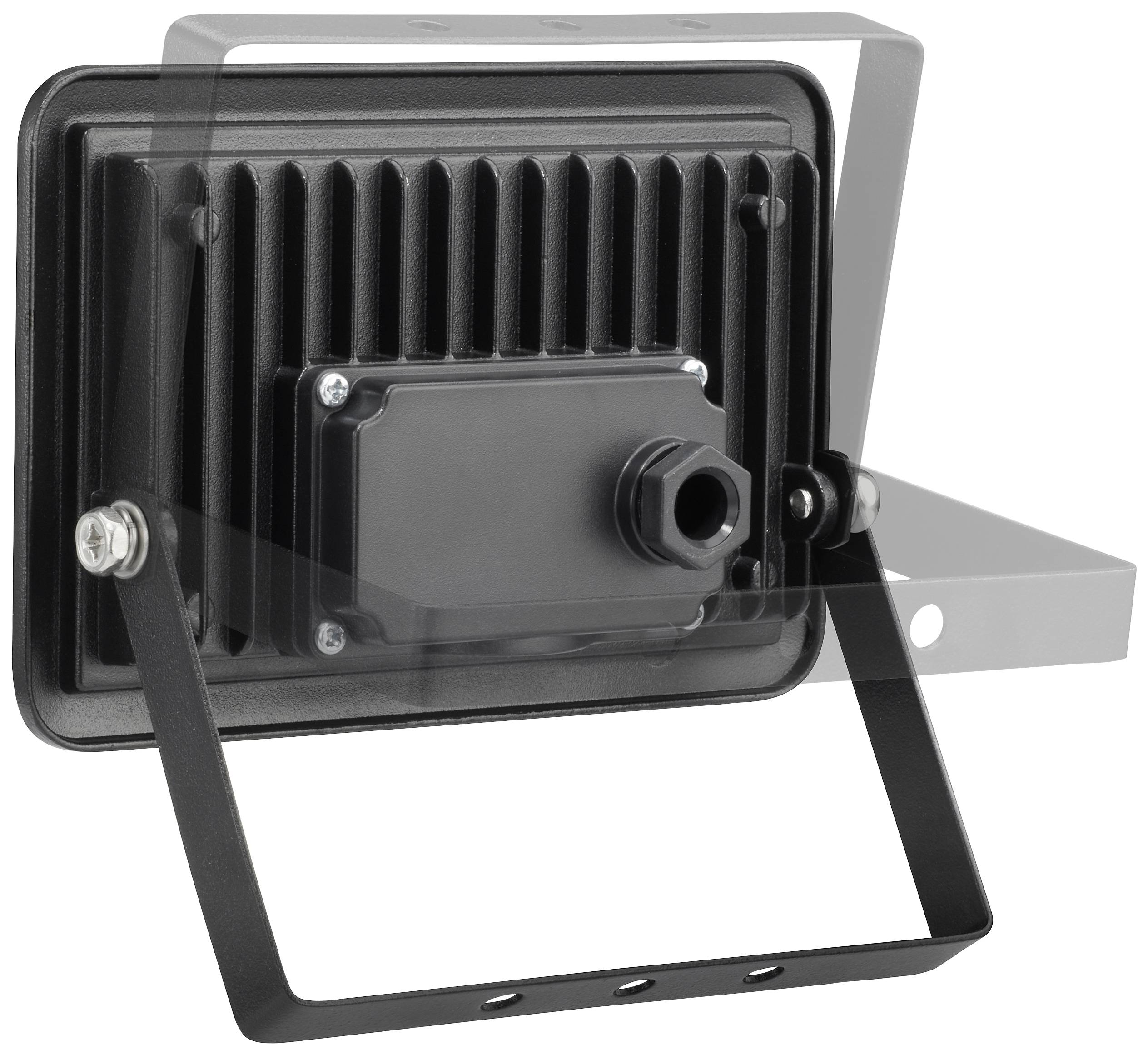 A black LED floodlight with a mounting bracket. The lamp features cooling fins for improved heat dissipation.