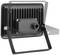 A black LED floodlight with a mounting bracket. The lamp features cooling fins for improved heat dissipation.