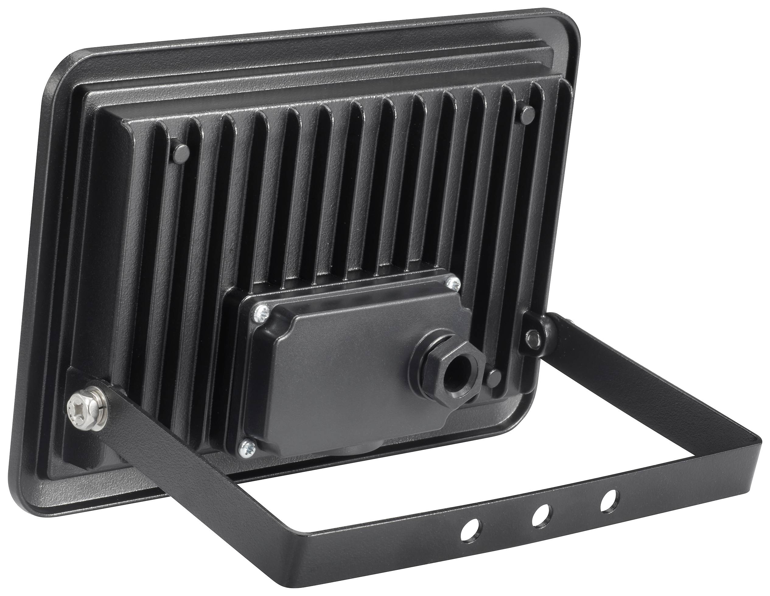 A rectangular, black LED headlight with a ribbed housing and adjustable mounting bracket for attachment.