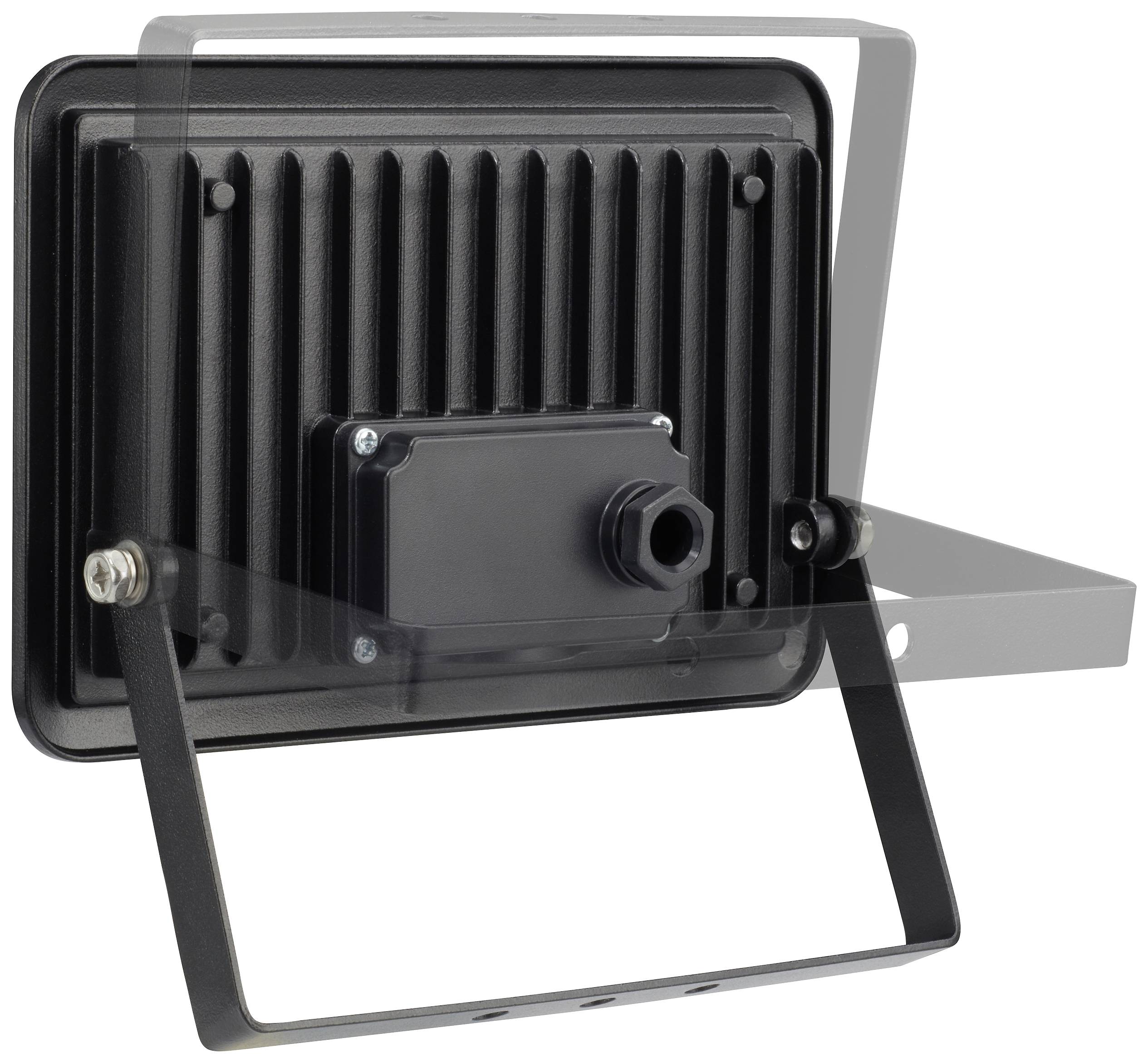 A black floodlight with an adjustable mounting bracket, shown from behind. It has a ribbed casing with a rectangular design.
