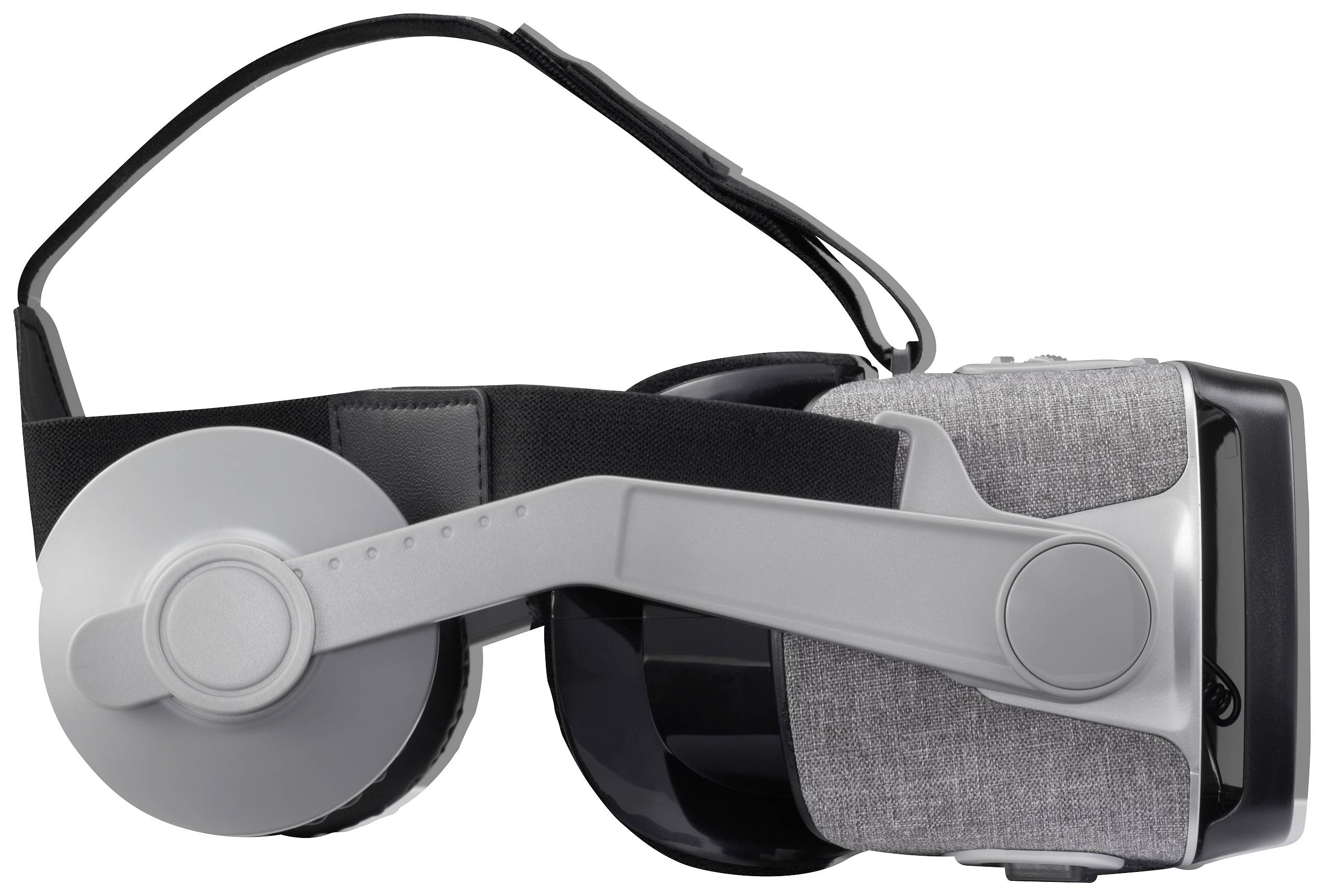 Virtual reality headset with grey textile and plastic elements, shown side view and headband.