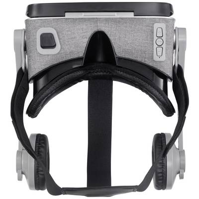 A VR headset with integrated headphones, in grey and black design. Buttons on the side for control.