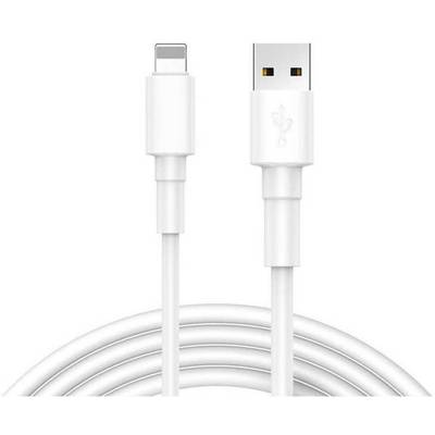 USB cable with USB-A and Lightning connectors, suitable for charging and data transfer between devices.