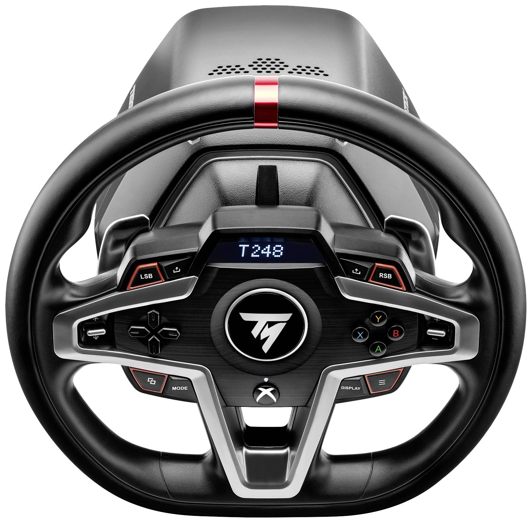 Gaming steering wheel with digital control panels, buttons and logo in the centre. Display shows 'T248'. Designed for racing games.