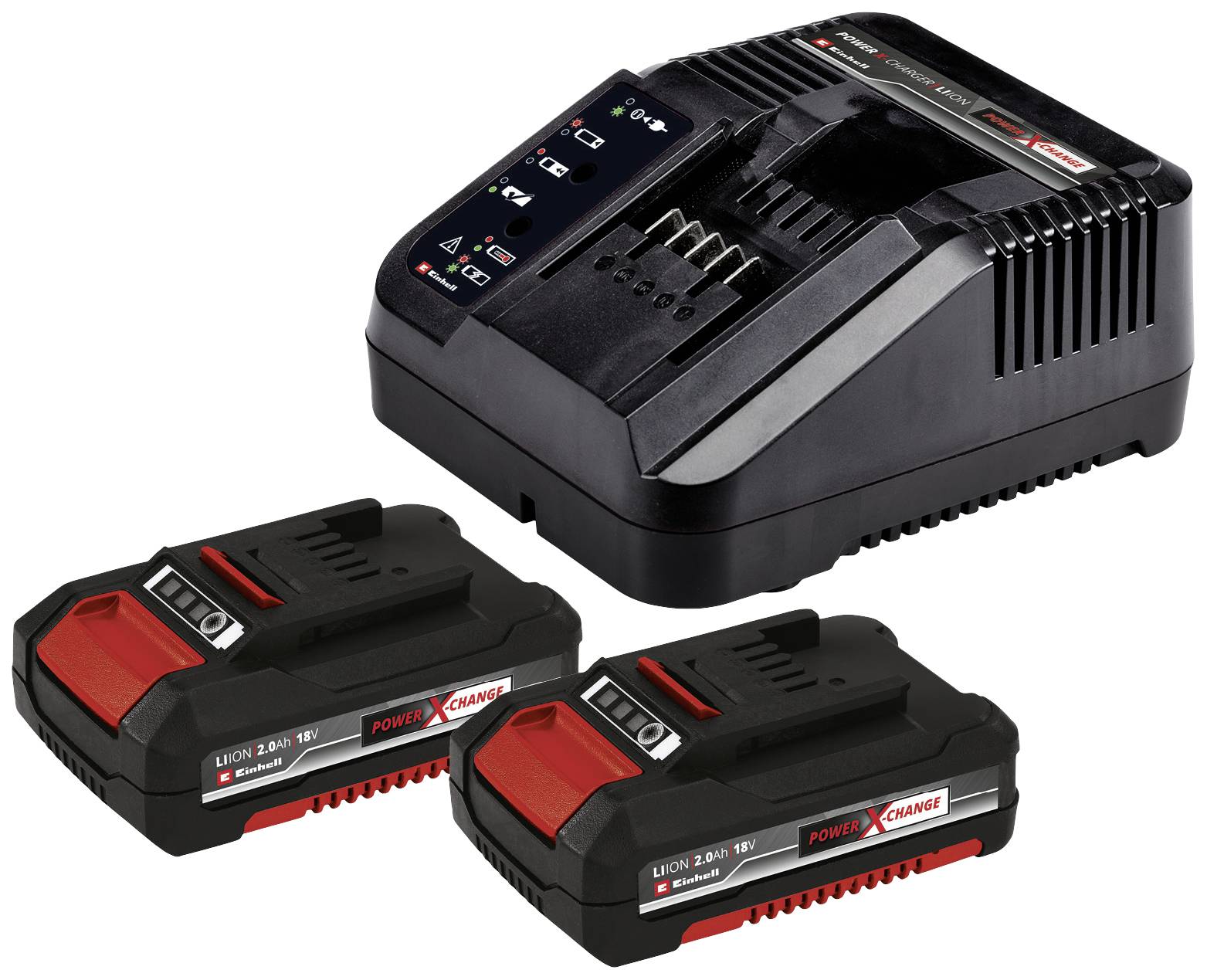 Battery charger with two rechargeable batteries, compatible with Einhell Power X-Change systems.