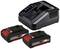 Battery charger with two rechargeable batteries, compatible with Einhell Power X-Change systems.