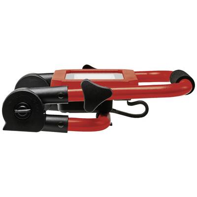 Red steering wheel lock with a black handle, used to secure vehicles against theft. It is folded in a compact form.